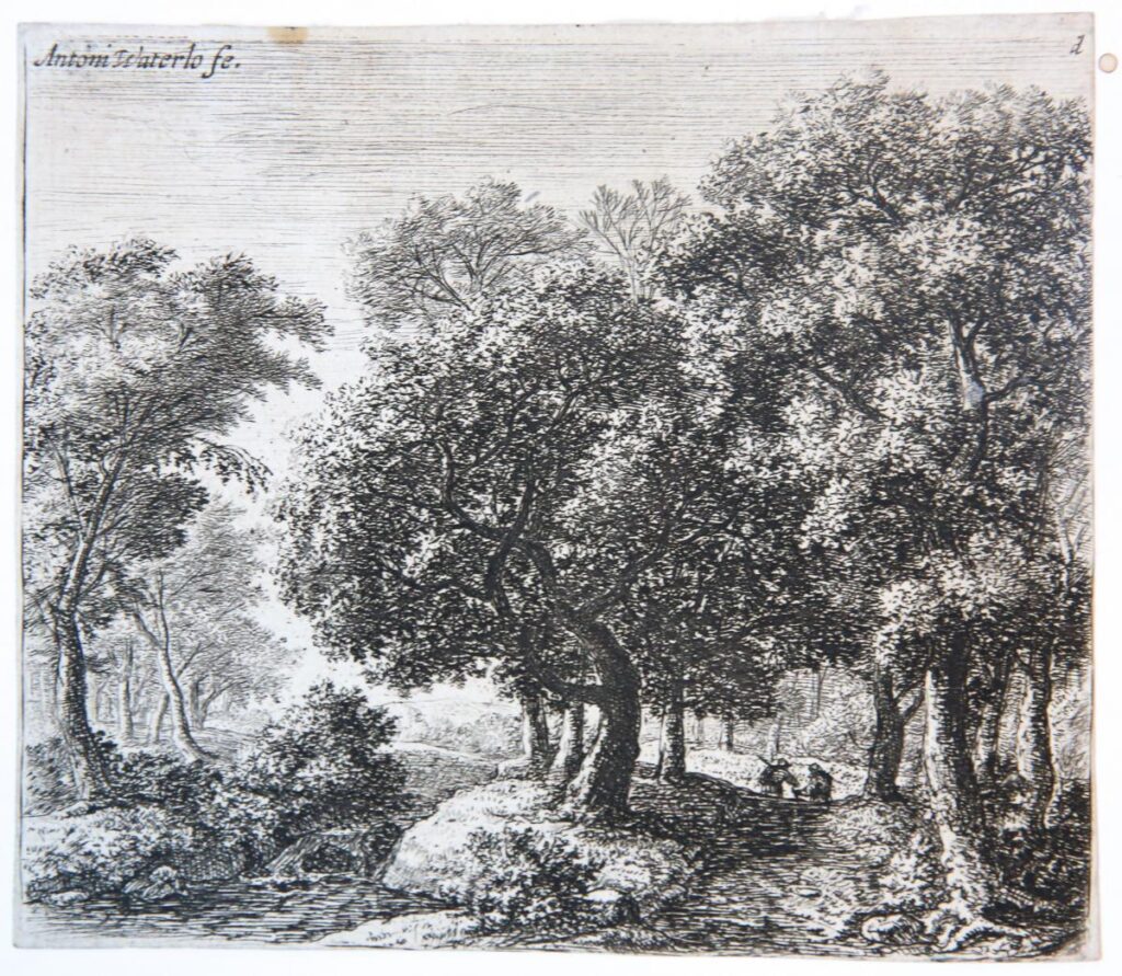 [Antique print, etching] The forest lane [set: Landscapes]. (Het bospad), published ca. 1680.