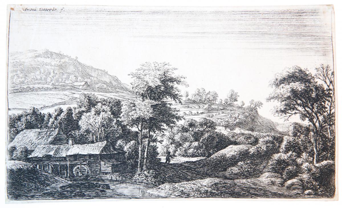 Watermill at the foot of a hill [set: Six Landscapes]. (Watermolen aan de voet van een berg).