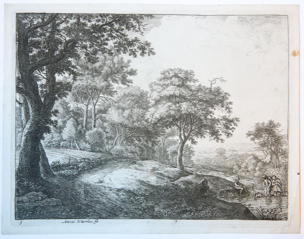 A man and a woman crossing a water stream [set: Six Landscapes]. (Man en vrouw steken het water over).