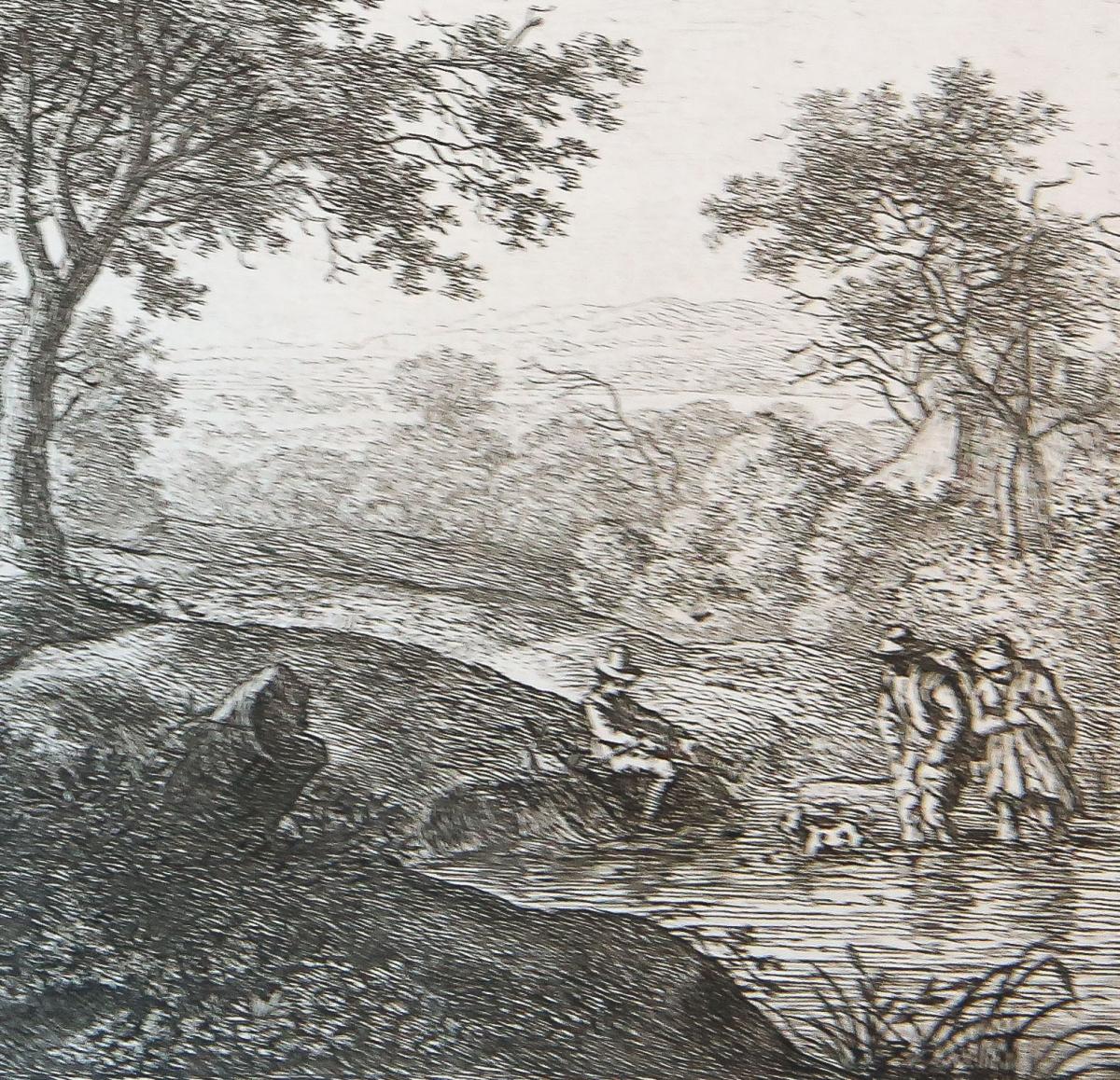 A man and a woman crossing a water stream [set: Six Landscapes]. (Man en vrouw steken het water over).