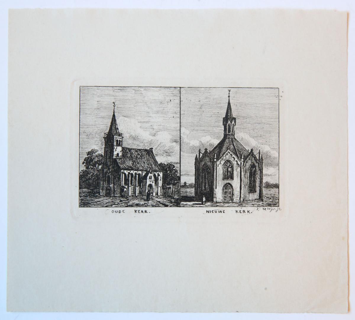 [Antique print, etching] Two churches (Oude en Nieuwe kerk In Den Haag?), published ca. 1854.