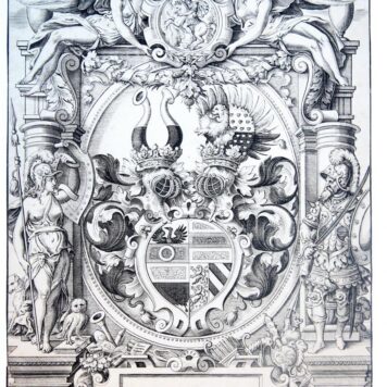 [Antique print, engraving] The arms of the family Pfinzing-Grundlach: Patriae et Amicis (familiewapen), published before 1657.