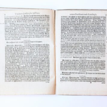 Pamphlet/Arminianen. T'zamen-sprekinge tusschen eenen predikant ende leerlingh, over de huydens-daegsche verschillen, ende de heftige Procedueren die ter oorzake van dese verschillen van de gehene diemen Gomaristen of Schuerganghers naemt worden by der handt ghenomen, 1617, 43 pp.
