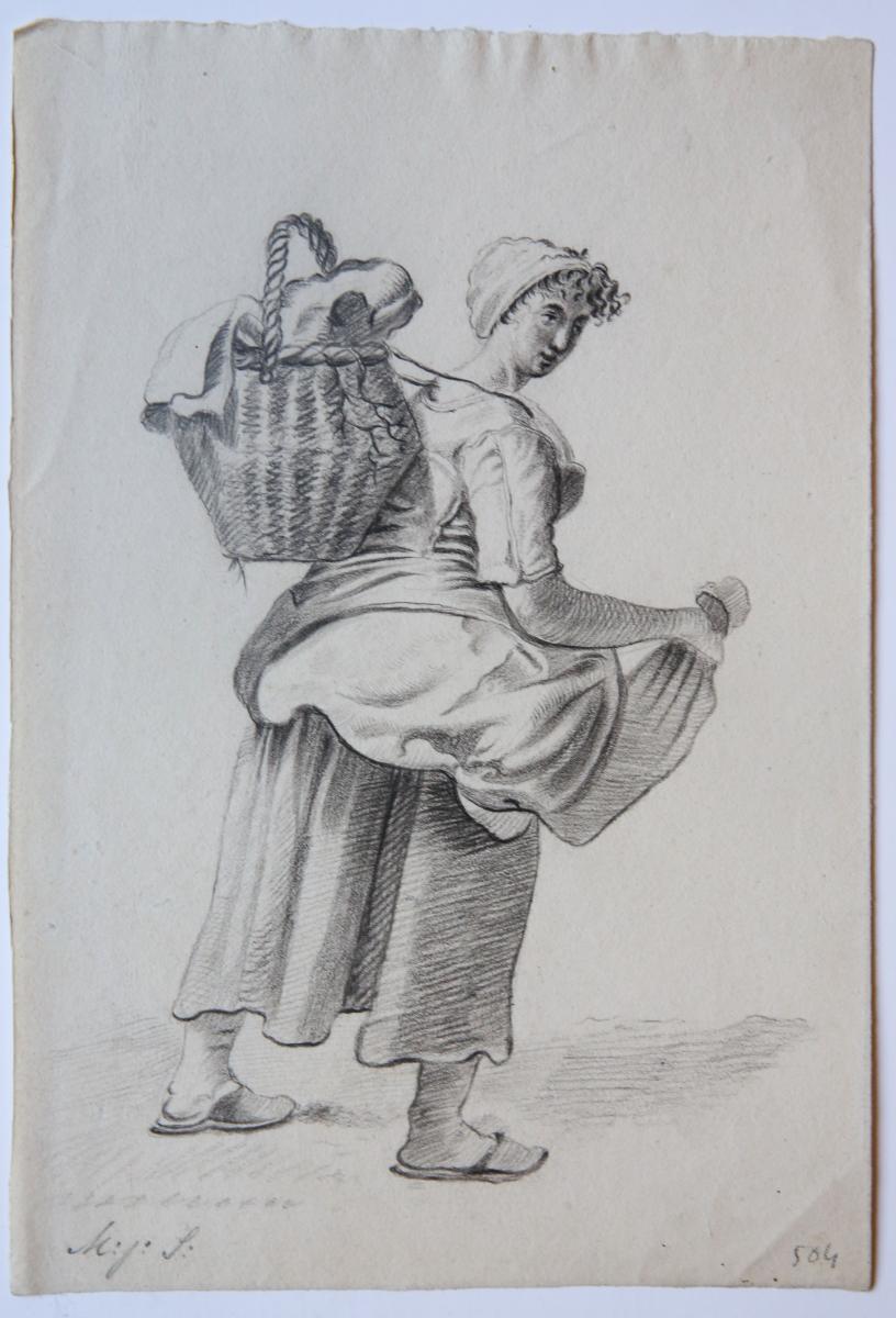 Michiel Jacobus van der Schaft (1829-1889) - [Antique drawing] Standing woman with straw jar (Staande vrouw met rieten mand), ca. 1850-1900.