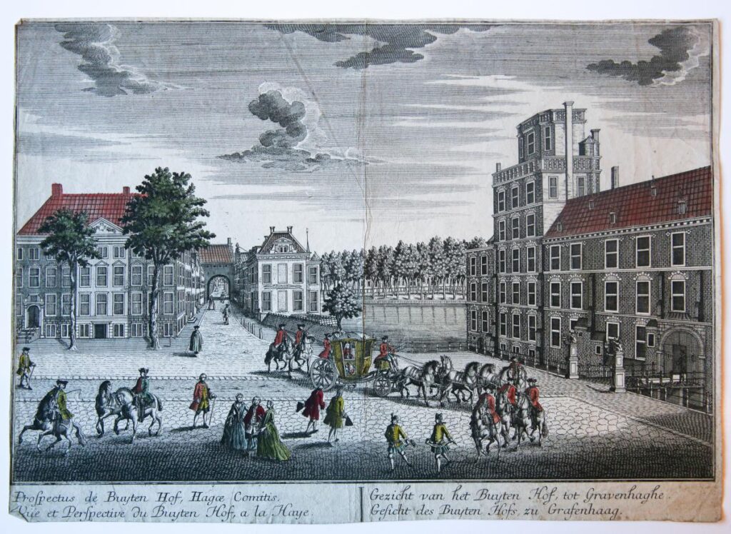[Handcolored Opticaprent/Optical view The Hague/Den Haag] Prospectus de Buyten Hof, Hagae Comitis. Published ca. 1770.