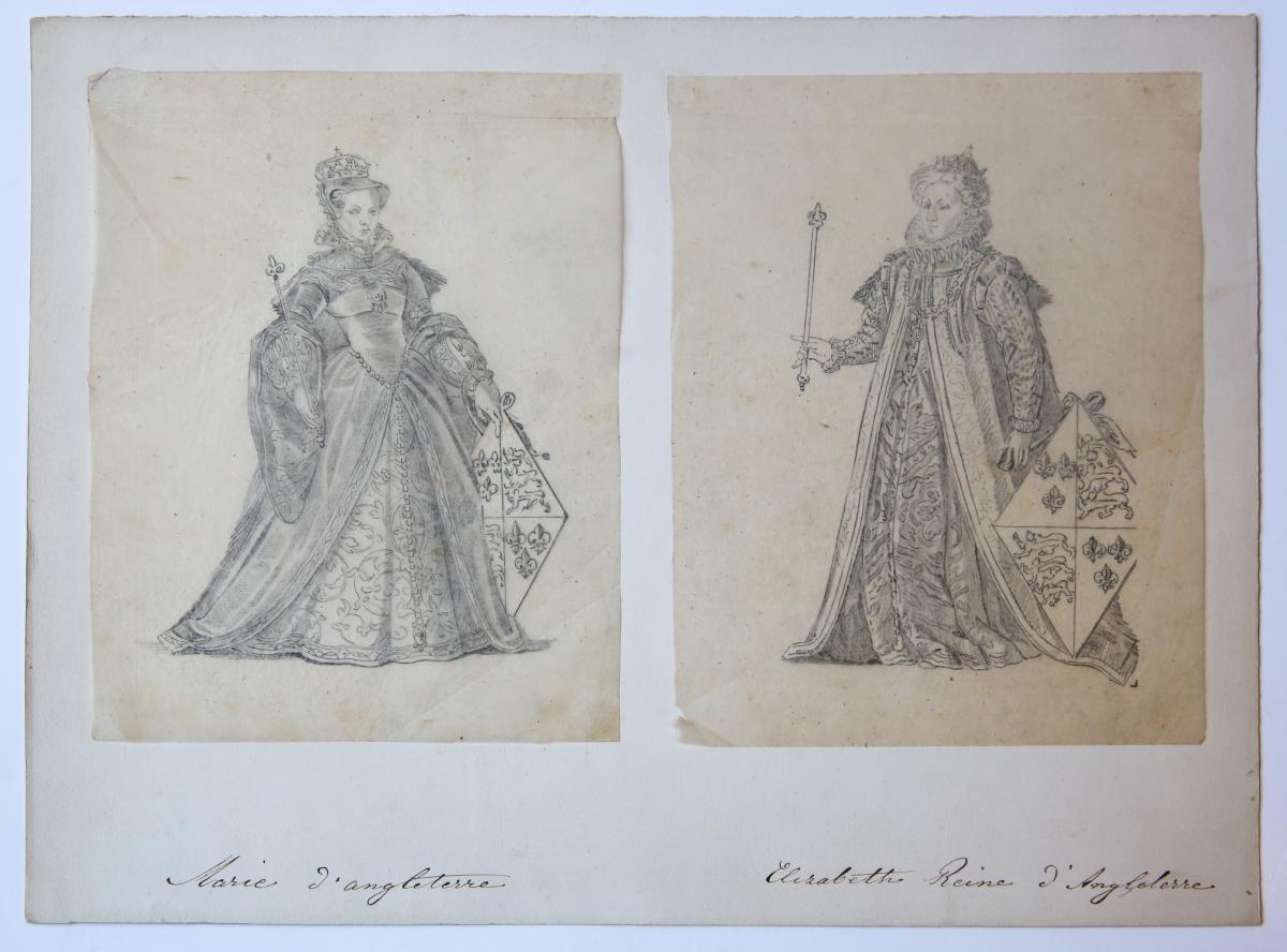 [Antique drawing] Mary I and Elizabeth I of England.