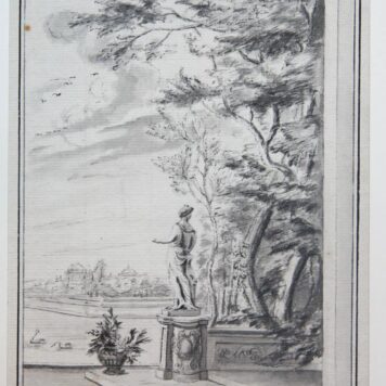 [Antique drawing, mixed media] View on a terrace with a statue and trees (Tekening van terras met standbeeld en bomen), ca. 1740.