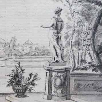 [Antique drawing, mixed media] View on a terrace with a statue and trees (Tekening van terras met standbeeld en bomen), ca. 1740.