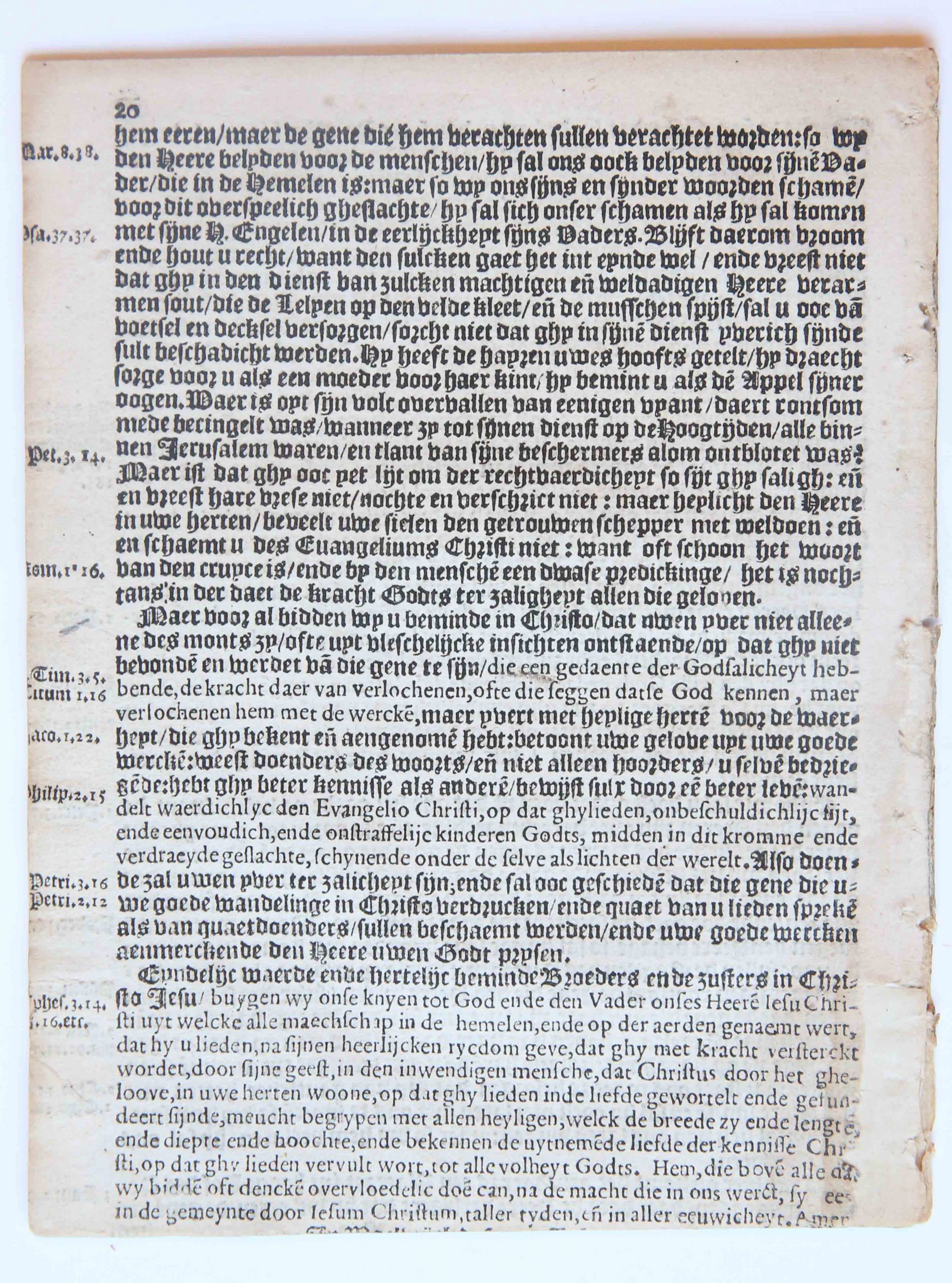 Pamphlet. Christelicke vermaninghe vande ghetrouwe herders (teghenwoordigh uytlandich sijnde) aen haer bedruckte gemeente, Duysent ses hondert en neghentien (1619), 20 pp.
