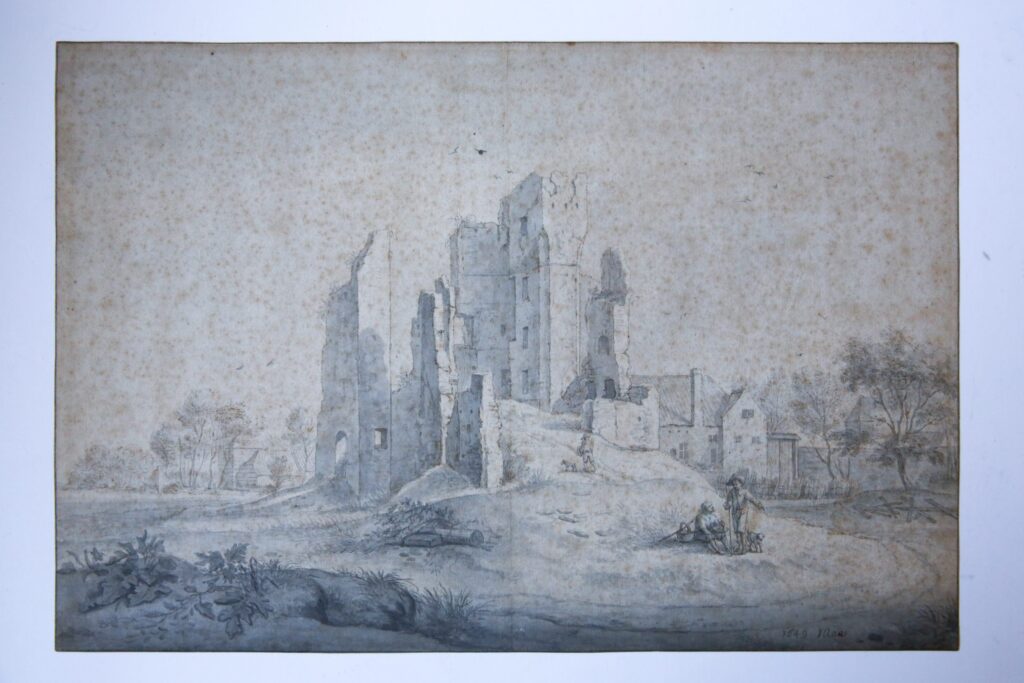 Drawing with ink/Tekening met inkt: Ruins of Huis ter Kleef castle near Haarlem (Ruine van Huis ter Kleef nabij Haarlem).