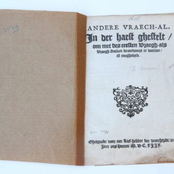 Pamphlet. Andere vraech-al. In der haest ghestelt, om met des eersten Vraegh-als vraegh-stucken, beantwoort te worden, ist moghelijck (...), Ghedruckt voor een lief-hebber der waerheydt, MDCXIIX (1618), 16 pp.
