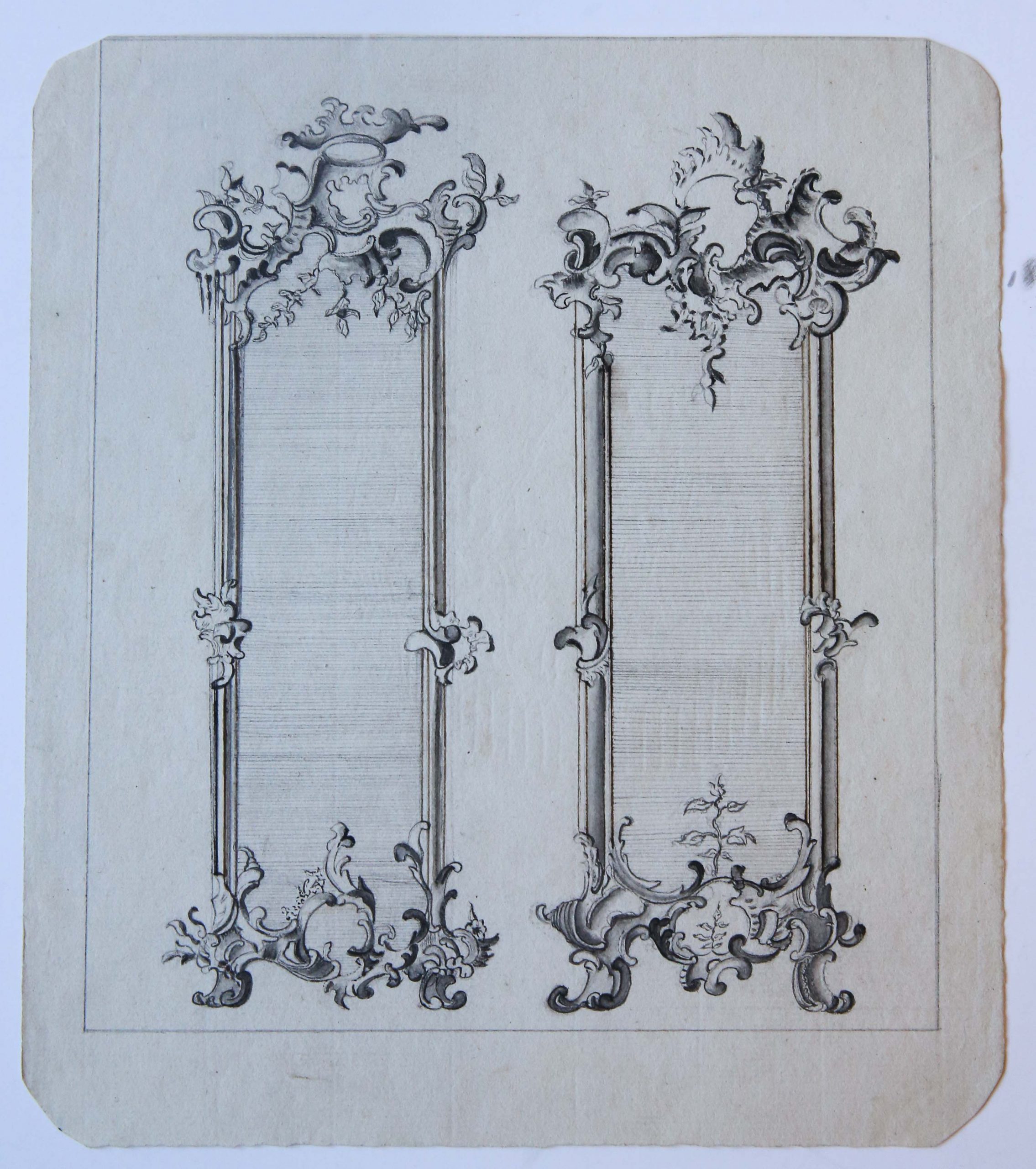 [Antique drawing/ tekening] Designs for Two Mirrors and a Door (Ontwerpen voor spiegels en een deur).