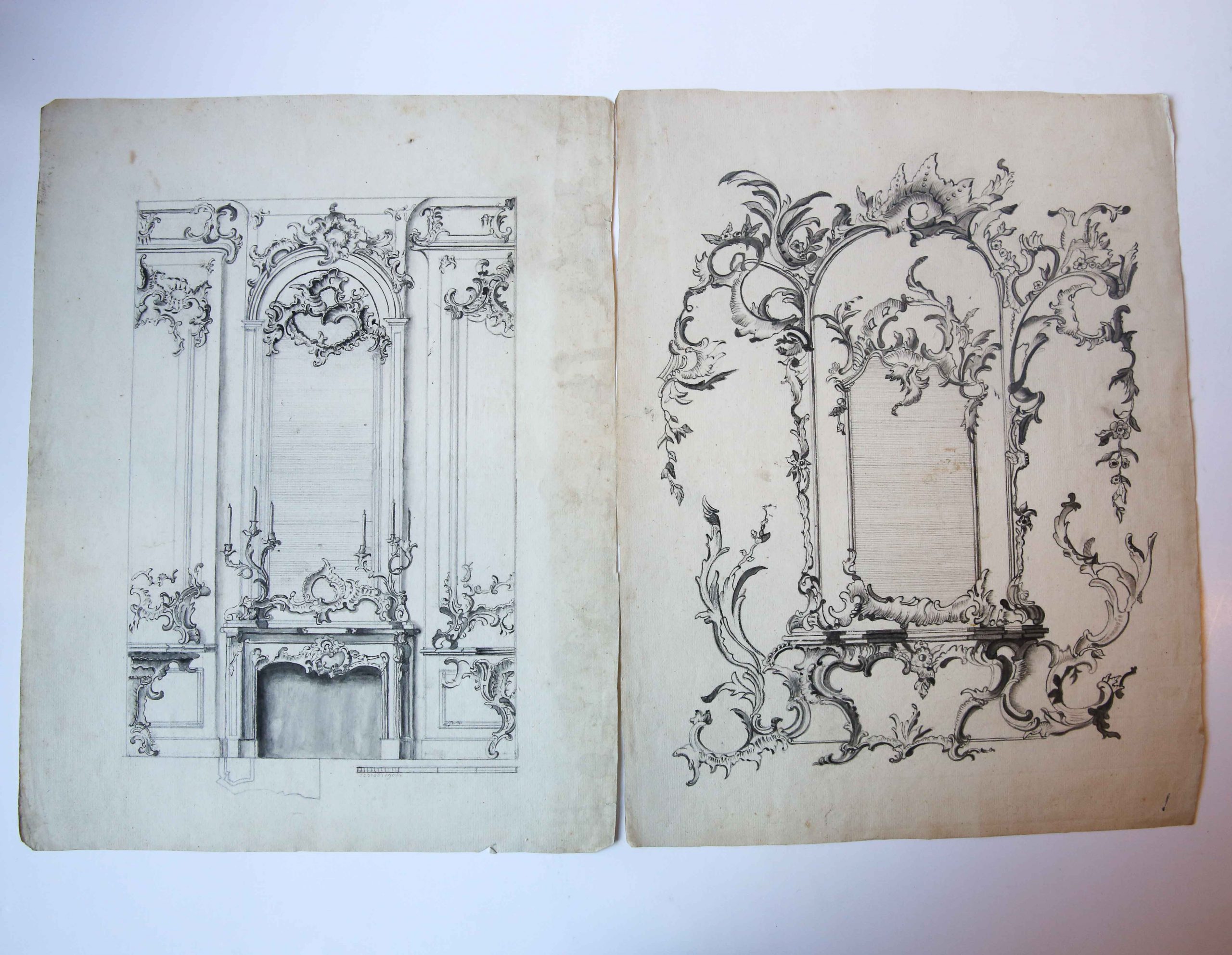 [Antique drawing/ tekening] Designs for a Mirror with Consolle and a fireplace (ontwerpen voor spiegel met console en vuurplaats).