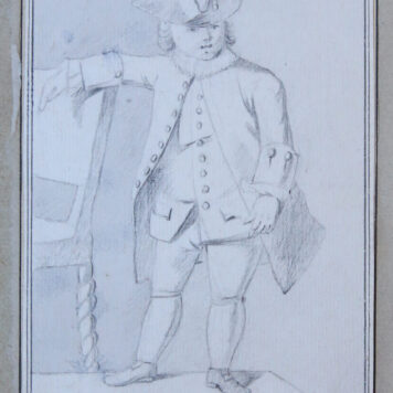 Drawing/Tekening in chalk: Man standing beside a chair (man naast stoel), published 1777.