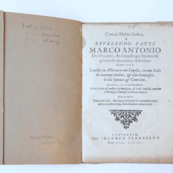 Pamphlet. Concio habita Italice a reverendo patre Marco Antonio de Dominis, Archiepiscopo Spalatensi primo die dominico adventus anno 1617. Londini in mercatorum capella, coram Italis ibi commorantibus, & aliis honorificis in illa synaxi & comvent. In versum 12. cap. 13. Epistolæ ad Rom. Italice primo ab authore promulgata, & inde Anglicè, tandem à theologiæ studioso latinitate donata (...), Leonardiae, Joannem Starterum, Bibliopolam 1618, 40 pp.