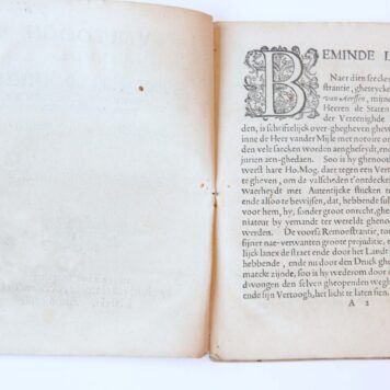 Pamphlet. Vertoogh aende hooge mogende Heeren, mijne Heeren die Staten Generael der Vereenighde Nederlanden: teghen seecker fameus libel hare Ho. Mog. gepresenteert, onder den naem van Remonstrantie, wesende onderteyckent François van Aerssen, in 's-Gravenhage, by Hillebrant Jacobsz 1618, 38 pp.