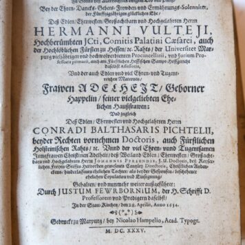 Christliche Predigt [...] bey der [...] fünfftzigjährigen glücklichen Ehe [...] Hermanni Vulteji [...] und [...] Frawen Adelheit, geborner Happelin [...] Marburg Nikolaus Hampel 1635