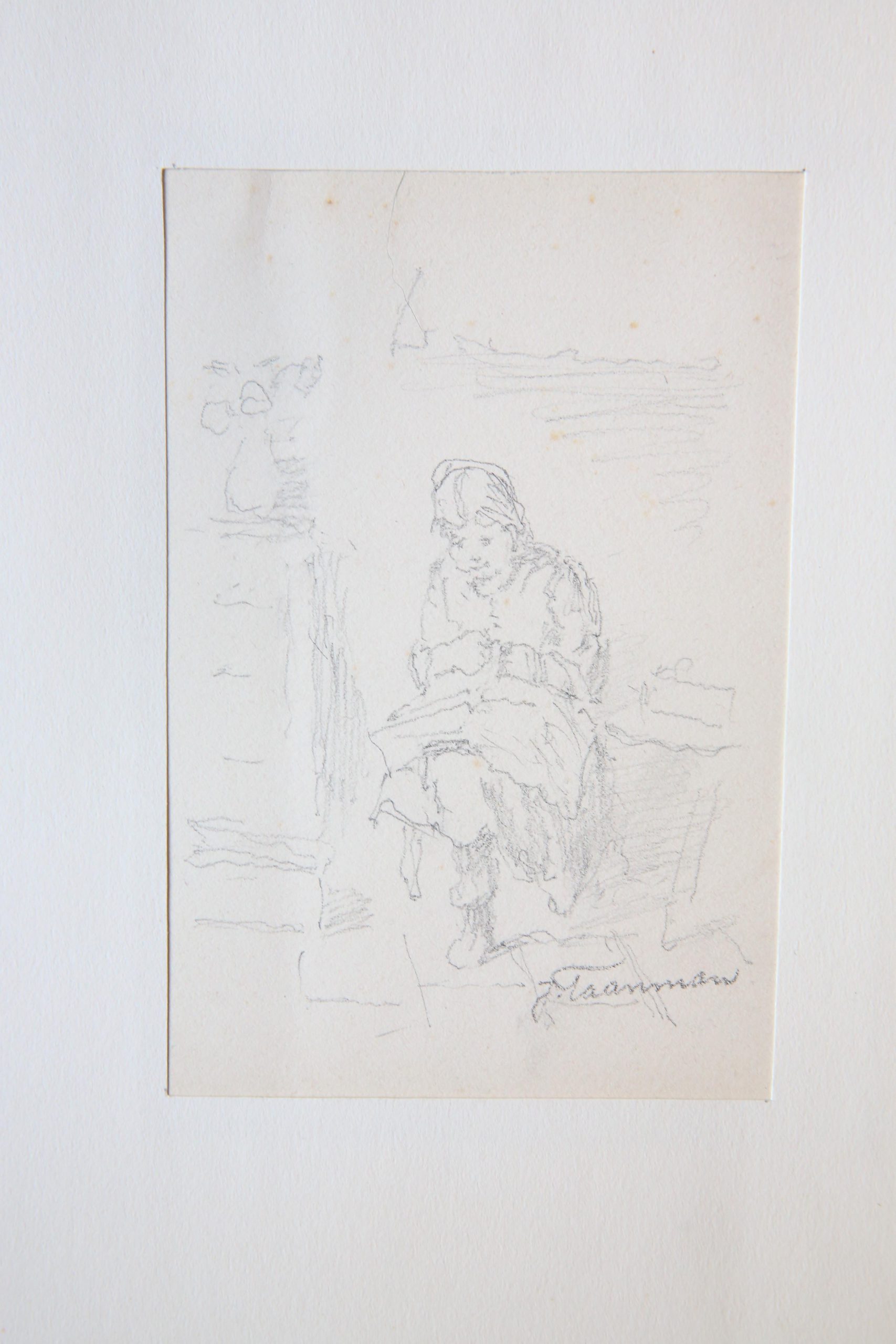[Antique drawing/Tekening] Woman seated (probably) sewing (Zittende vrouw met handwerkje).