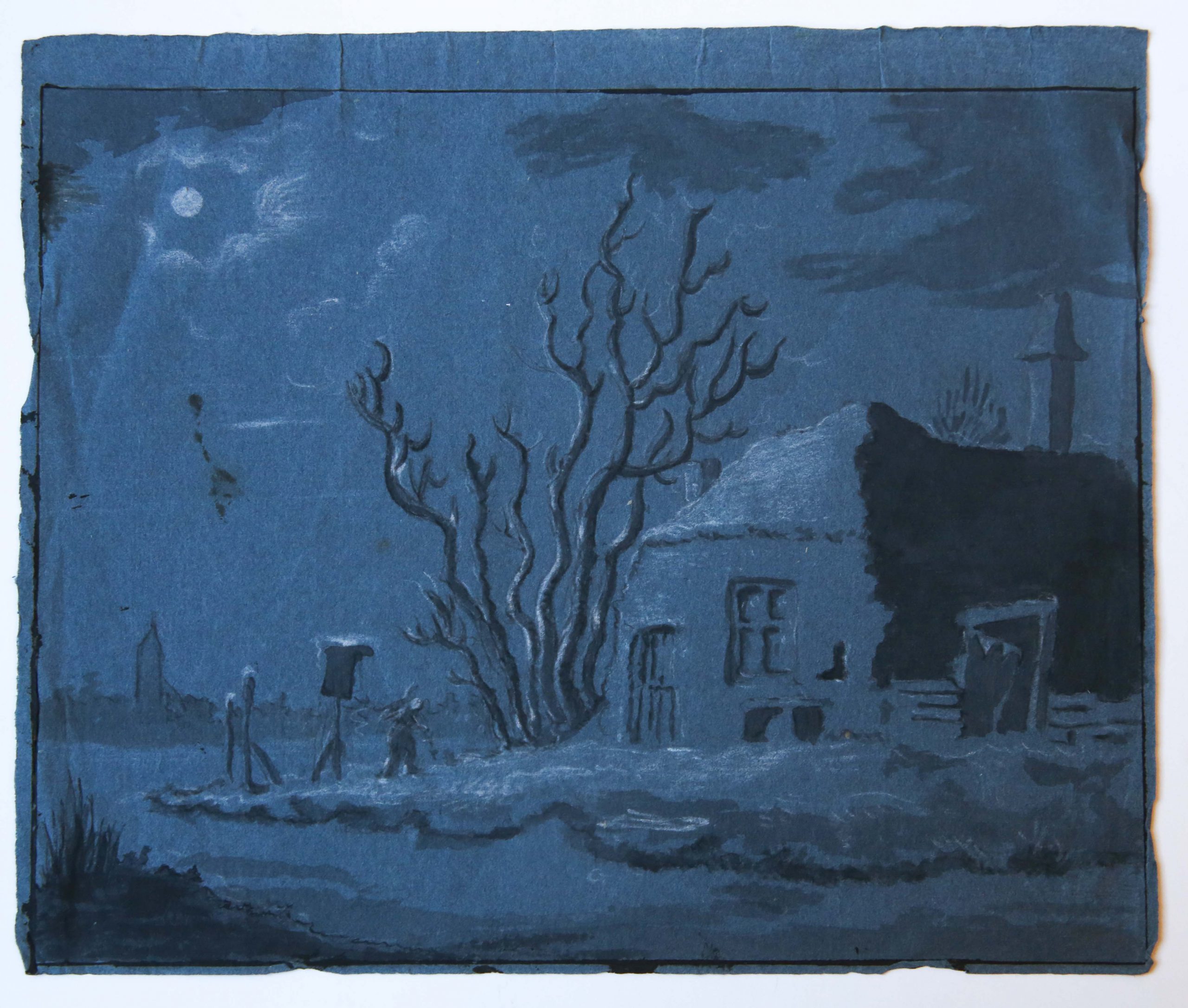 [Antique drawing/tekening] A farm in the moonlight (boerderij in het maanlicht), ca. 1850-1900.