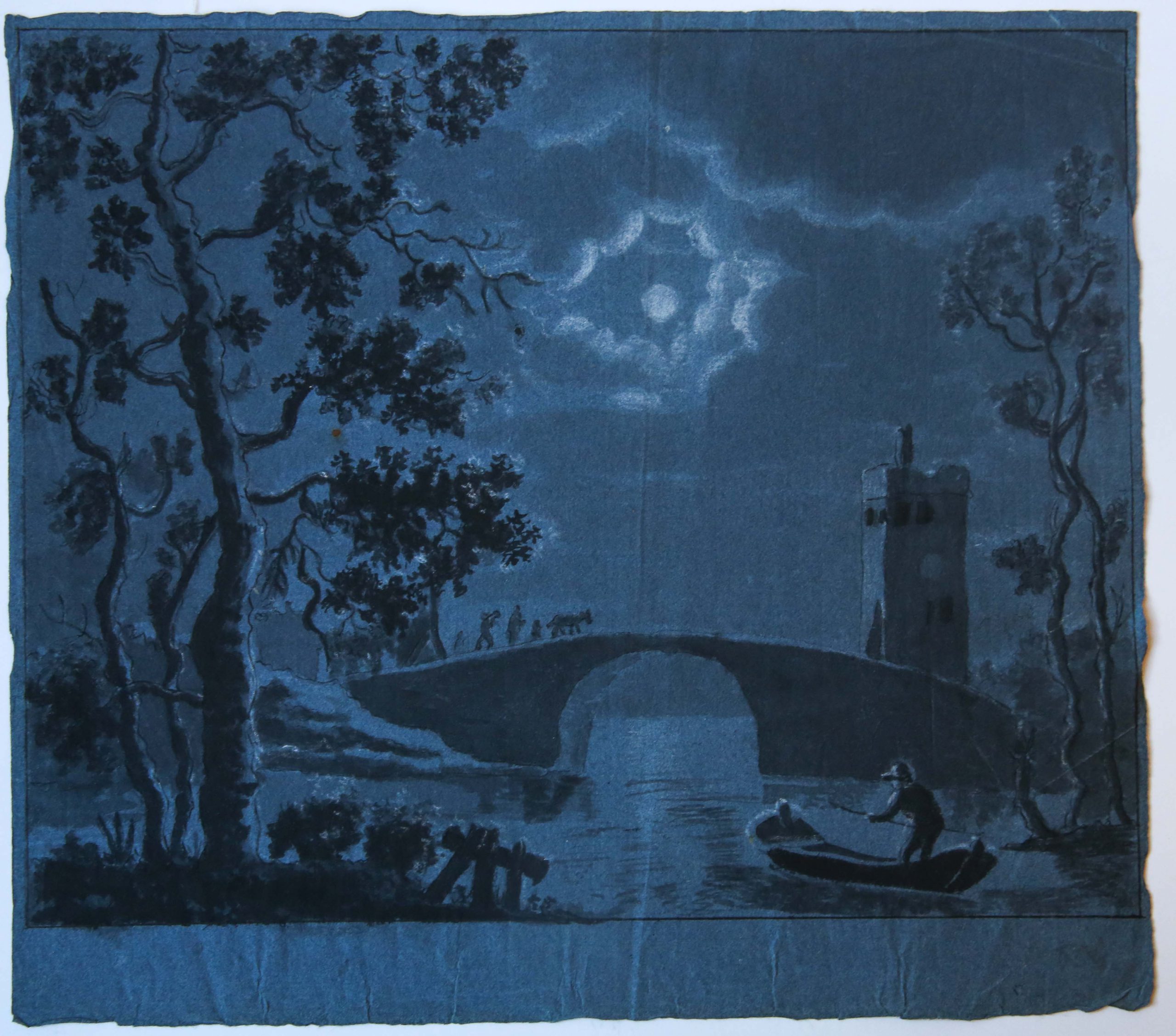 [Antique drawing/tekening] River landscape at night (rivier bij nacht met maan), ca. 1850-1900.