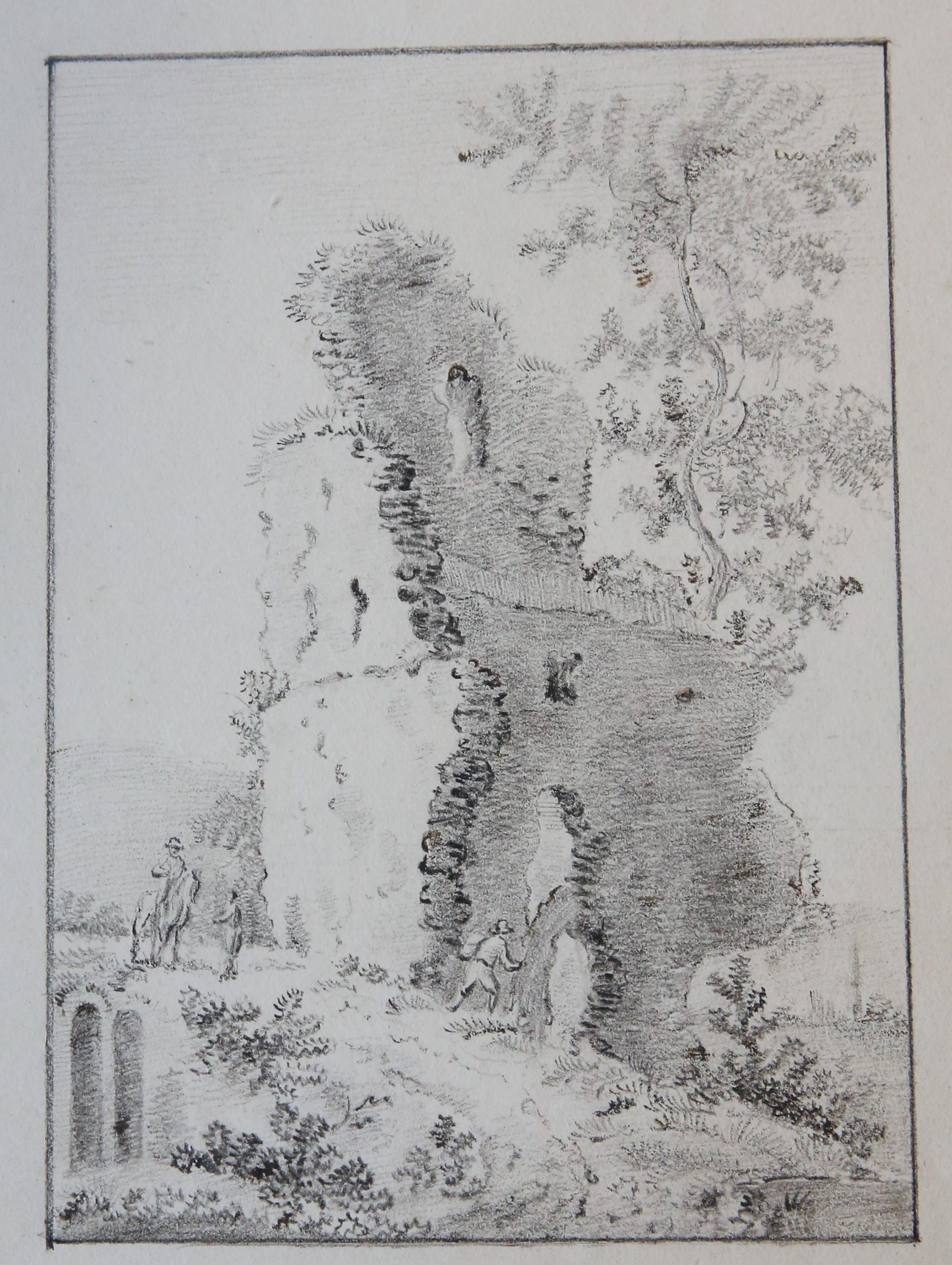 [Antique drawing/tekening] Figures approaching a ruin (figuren voor een ruïne), ca. 1850-1900.