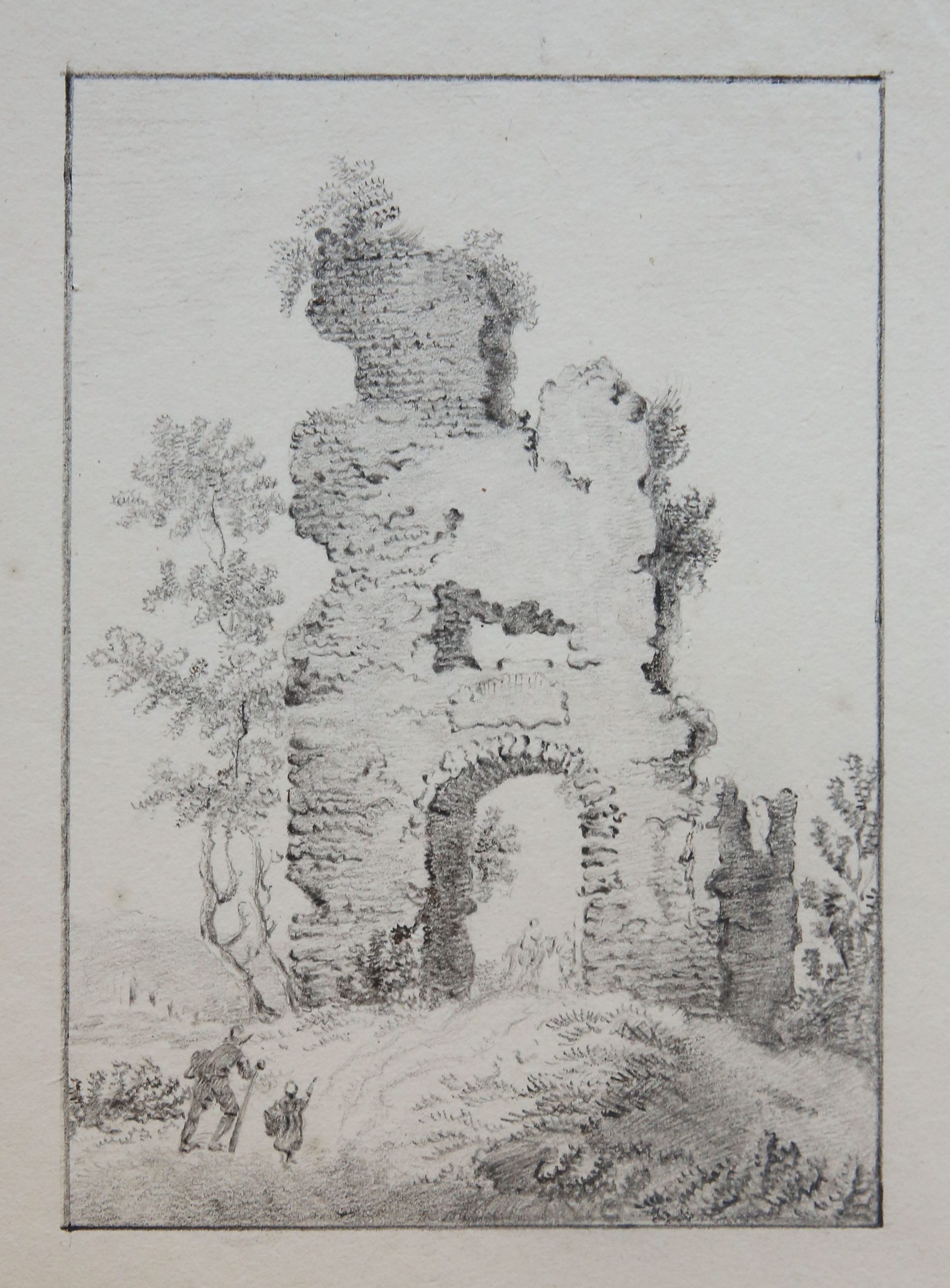 [Antique drawing/tekening] Figures approaching a ruin (figuren voor een ruïne), ca. 1850-1900.