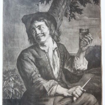 [Mezzotint} Smiling young man with a glass in his hand (Lachende jonge man met glas in zijn hand).
