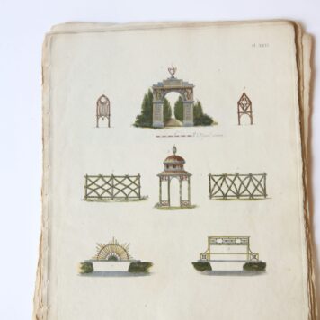 Magazijn van Tuin-sieraden, unbound, 1802, 10 pp text and 33 numbered plates.