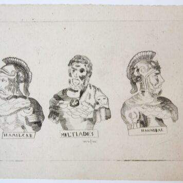 Etching/ets: Three busts of Roman commanders (drie bustes van Romeinse aanvoerders).