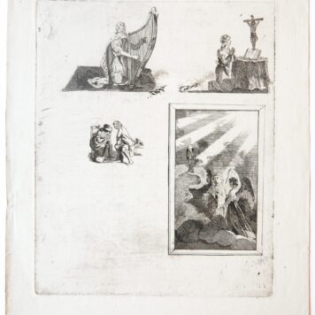 Etching/ets: Four vignettes on one plate (Vier vignetten: Koning David op de harp, knielende vrouw voor een kruis, pratende man en vrouw en twee engels in de wolken).
