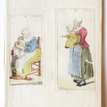 Handgekleurde ets/Handcolored etching: Mother and child [plates 4, 5 from "Zinspelende gedigjes, op de geestige printjes ge-etst door Pieter de Mare...", 1793] (moeder en kind).
