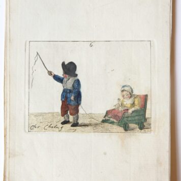 Handgekleurde ets/Handcolored etching: Children playing with a cart [plate 6 from "Zinspelende gedigjes, op de geestige printjes ge-etst door Pieter de Mare...", 1793] (Spelende kinderen).