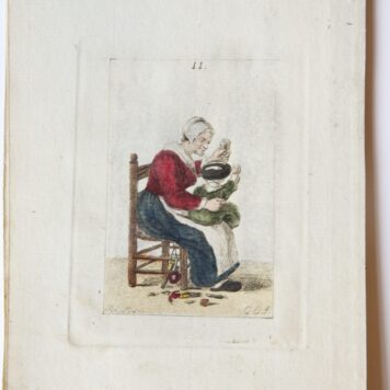 Handgekleurde ets/Handcolored etching: Mother and child [plate 11 from "Zinspelende gedigjes, op de geestige printjes ge-etst door Pieter de Mare...", 1793] (moeder met kind).
