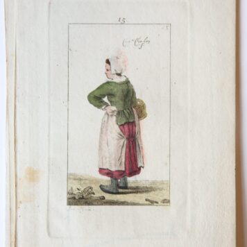 Handgekleurde ets/Handcolored etching: Young woman standing [plate 15 from "Zinspelende gedigjes, op de geestige printjes ge-etst door Pieter de Mare...", 1793] (Staande jonge vrouw).