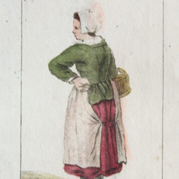 Handgekleurde ets/Handcolored etching: Young woman standing [plate 15 from "Zinspelende gedigjes, op de geestige printjes ge-etst door Pieter de Mare...", 1793] (Staande jonge vrouw).