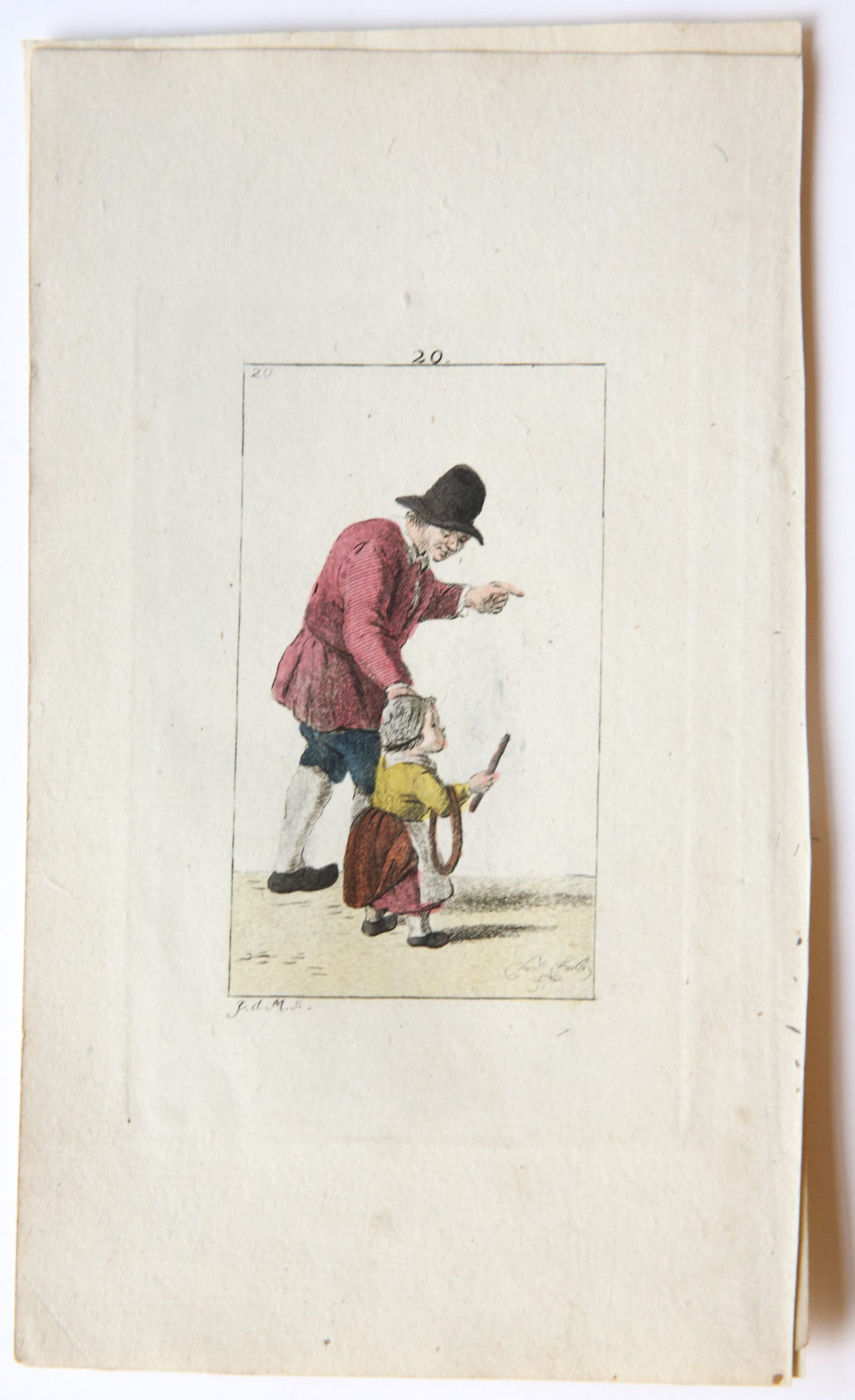 Handgekleurde ets/Handcolored etching: Man with hat and child [plate 20 from "Zinspelende gedigjes, op de geestige printjes ge-etst door Pieter de Mare...", 1793].