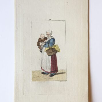 Handgekleurde ets/Handcolored etching: Standing woman holding a child [plate 21 from "Zinspelende gedigjes, op de geestige printjes ge-etst door Pieter de Mare...", 1793]
