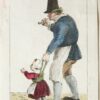 Handgekleurde ets/Handcolored etching: Standing man with hat, smoking a pipe, helping a child to walk [plate 23 from "Zinspelende gedigjes, op de geestige printjes ge-etst door Pieter de Mare...", 1793] (Staande man met hoed en pijp helpt een kind wandelen).