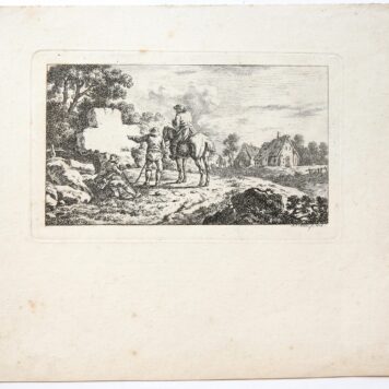 Etcing/ets: Landscape with men pointing at a stone (title page?) (Landschap met mannen).