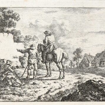 Etcing/ets: Landscape with men pointing at a stone (title page?) (Landschap met mannen).