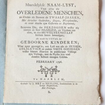 Maandelykse naam-lyst, van alle de overledene menschen, zo onder als booven de twaalf-jaaren, met de daagen, woonplaatsen, en waar dezelve zyn begraaven; benevens die, der perzoonen welke zig, zo in de gereformeerde kerk, als op het stadhuis, binnen de stad Haarlem, en vrydom van dien, in den huwelykenstaat hebben laaten bevestigen; als meede het getal der geboorne kinderen; waar agter gevoegd is een lyst, van alle de huysen, obligatien en andere vaste goederen, welke binnen Haarlem in publiecqu