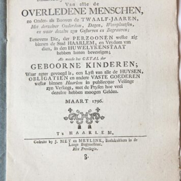 Maandelykse naam-lyst, van alle de overledene menschen, zo onder als booven de twaalf-jaaren, met de daagen, woonplaatsen, en waar dezelve zyn begraaven; benevens die, der perzoonen welke zig, zo in de gereformeerde kerk, als op het stadhuis, binnen de stad Haarlem, en vrydom van dien, in den huwelykenstaat hebben laaten bevestigen; als meede het getal der geboorne kinderen; waar agter gevoegd is een lyst, van alle de huysen, obligatien en andere vaste goederen, welke binnen Haarlem in publiecqu
