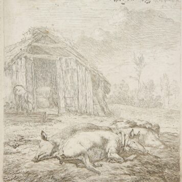 Ets/Etching: The pigs resting in front of a barn (Varkens slapen voor de schuur).