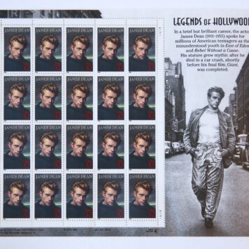James Dean: Legends of Hollywood, Full Sheet of 20 x 32-Cent Postage Stamps, USA 1996. 2nd in the Legends of Hollywood Series. Collectible Stamps.No marks on the stamps, unused.