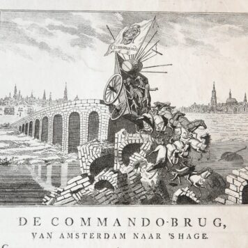 Satirical engraving/Spotprent: De Commando-brug van Amsterdam naar 's Hage.