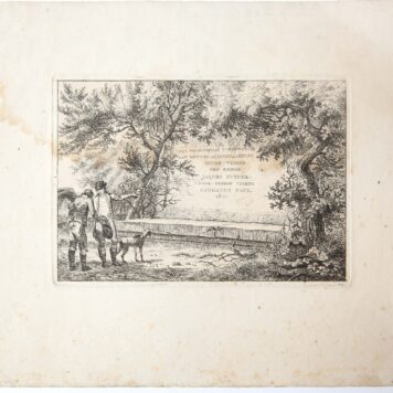 [Antique title page, 1801] UYT VRIENDSCHAP / Twee mannen bij stenen cartouche, set of landscapes, published 1801, 1 p.