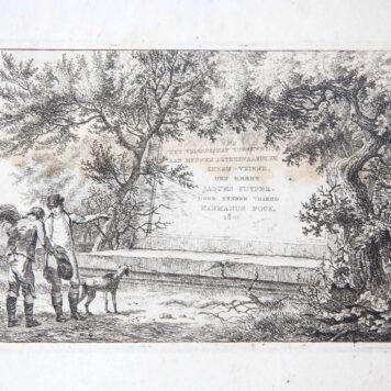 [Antique title page, 1801] UYT VRIENDSCHAP / Twee mannen bij stenen cartouche, set of landscapes, published 1801, 1 p.