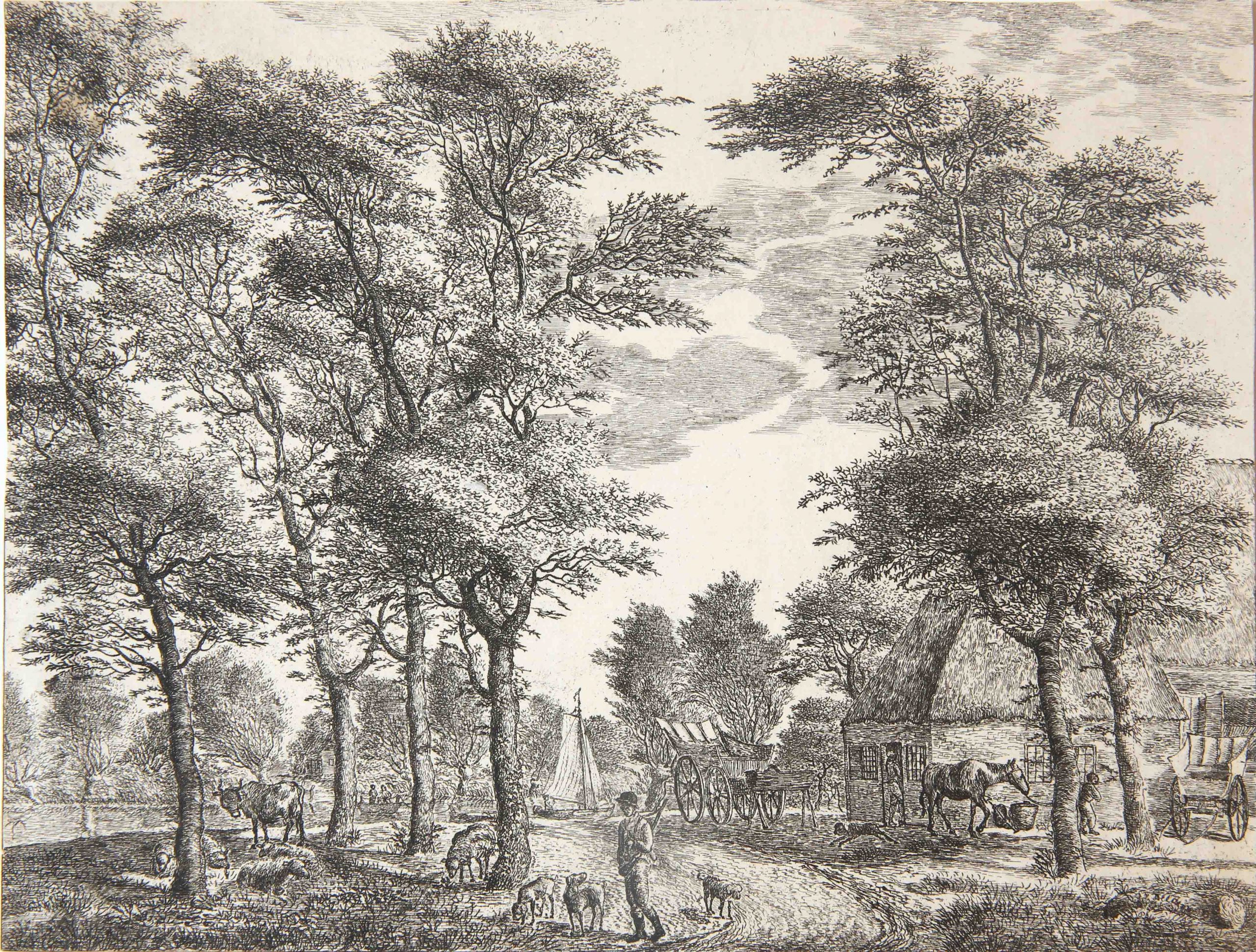 Hermanus Fock (1766-1822) - [Antique print, etching] Farm in the woods (boerderij met dieren in de bossen), published ca. 1781-1822.