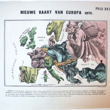 [Caricatural map]: "Nieuwe kaart van Europa 1870", colored lithographed map on one leaf, by Emrik & Binger, with text underneath: "Engeland, op zich zelf staande, schuimbekt van woede, en vergeet bijna Ierland om, dat het aan den leiband houdt (...)".