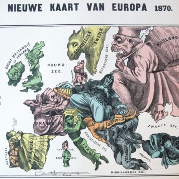 [Caricatural map]: "Nieuwe kaart van Europa 1870", colored lithographed map on one leaf, by Emrik & Binger, with text underneath: "Engeland, op zich zelf staande, schuimbekt van woede, en vergeet bijna Ierland om, dat het aan den leiband houdt (...)".
